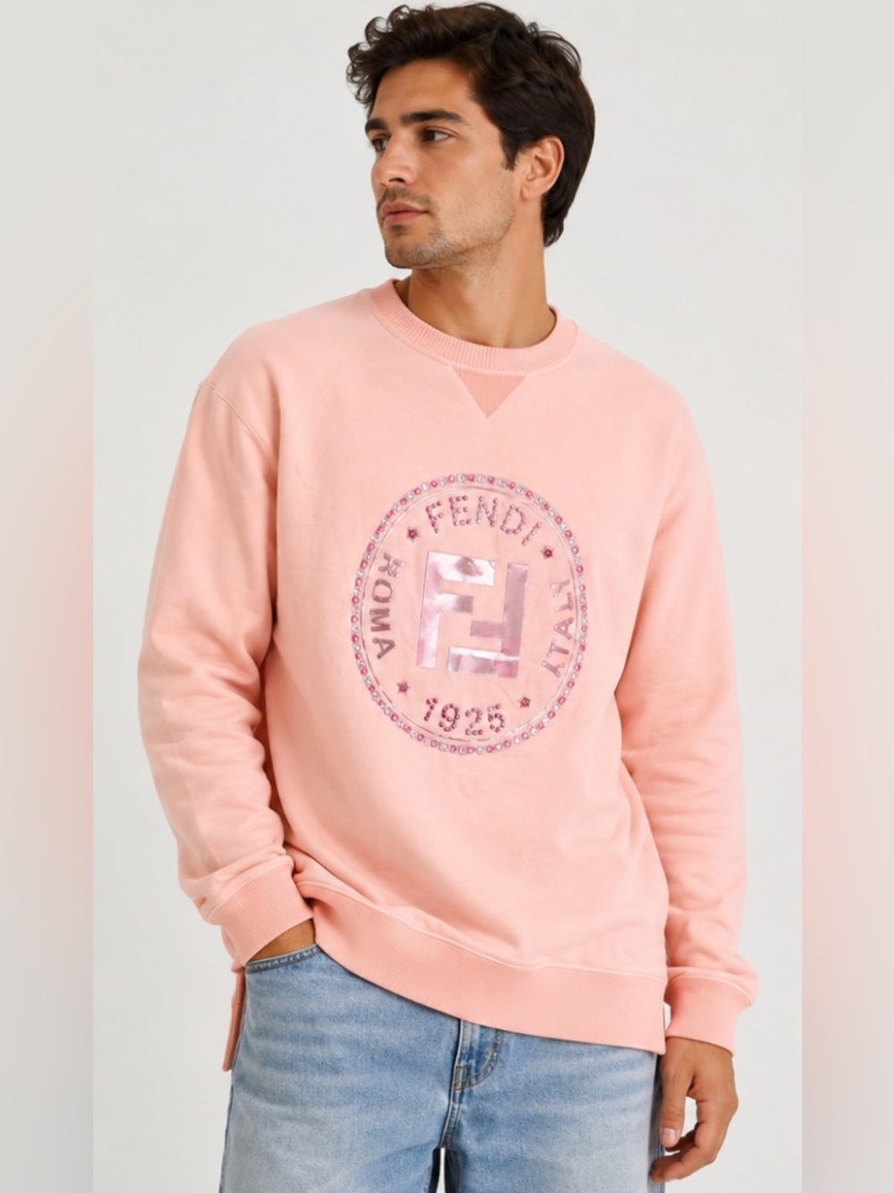 Auth Fendi Fendiroma 1925 Logo Peach Cotton Sweatshirt